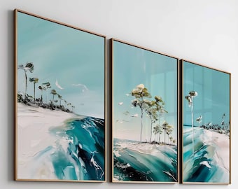 Coastal Beach Wall Art Tropical Ocean Painting Set of 3 Sea Prints Landscape Prints Bedroom Prints Abstract Coastal Wall Art Living Room Art