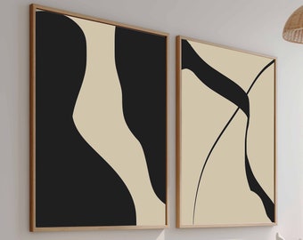 Modern Simple Neutral Gallery Wall Art Set of 2 Black Beige Nordic Prints Contemporary Abstract Art Minimalist Decor Modern Line Drawing