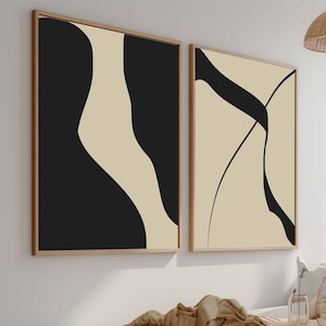 Conjunto de arte de parede de galeria moderna, simples e neutra, com 2 impressões nórdicas, pretas, bege, arte abstrata contemporânea, decoração minimalista, desenho de linha moderno