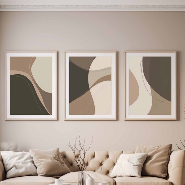 Minimal Sage Green Wall Art Print Set of 3 Neutral Beige Abstract Printable Posters Trendy Instant Downloadable Unframed Prints Line Drawing