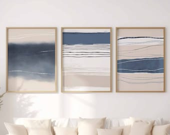 Set of 3 Digital Prints Beach House Decor Blue Wall Art Printable Modern Minimalist Art Living Room Art Blue Neutral Print Line Wall Art