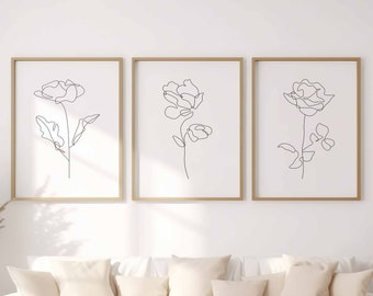 Set Of 3 Prints Line Art Flower Wall Art Floral Prints Minimal Prints Set Black And White Minimalist Wall Art Farmhouse Decor Printable