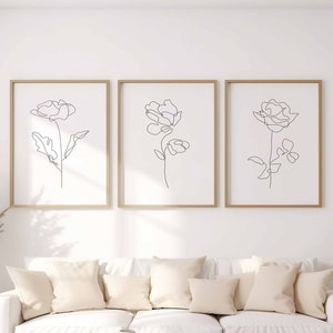 Lot de 3 tirages Dessin au trait fleurs, Art mural floral, Impressions florales, Impressions minimales, Art mural minimaliste noir et blanc, Décoration de ferme, Imprimable