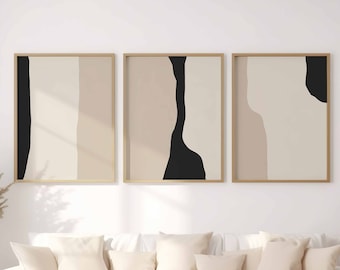 Minimalist Neutral Abstract Printable Wall Art Set Of 3, Black Beige Abstract Prints, Modern Wall Art, Office Decor, Digital Print Download