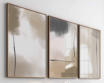 Modern Neutral Abstract Printable Wall Art Set Of 3, Tan/Beige Abstract Art, Minimalist Neutral Gallery Wall, Japandi Decor, Brush Strokes