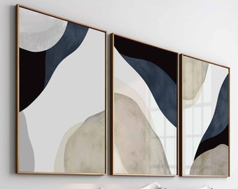 Marinblå väggkonst, modern enkel neutral galleriväggkonst set med 3 beige nordiska tryck enkel abstrakt konst minimalistisk indigoblå konst