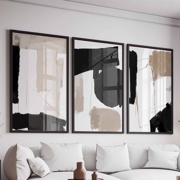 Modern Neutral Abstract Gallery Wall Art Set of 3 Neutral Nordic Prints Modern Abstract Art Black Beige Japandi Printable Abstract Art