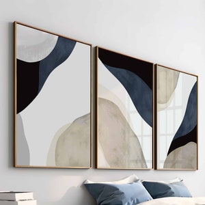 Marineblaue Wandkunst, moderne einfache neutrale Galerie Wandkunst 3er-Set beige nordische Drucke einfache abstrakte Kunst minimalistische indigoblaue Kunst