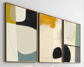 May include: Three abstract art prints in gold frames with a minimalist design featuring geometric shapes in shades of beige, black, and yellow.