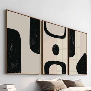 Printable Mid Century Modern Abstract Black Beige Wall Art Set Of 3, Neutral Large Abstract Art, Downloadable Prints, Gallery Wall Art Set