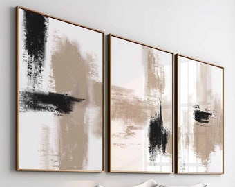 Modern Abstract Gallery Wall Art Set of 3 Black Beige Neutral Prints Abstract Art Modern Bedroom Decor Printable, Brush Strokes