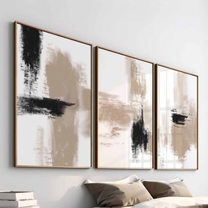 3er Set Moderne abstrakte Kunst in Schwarz Beige Neutral Printable, Abstraktes Gemälde, Modernes Schlafzimmer Dekor zum Ausdrucken