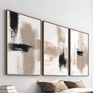 Modern Abstract Gallery Wall Art Set of 3 Black Beige Neutral Prints Abstract Art Modern Bedroom Decor Printable, Brush Strokes