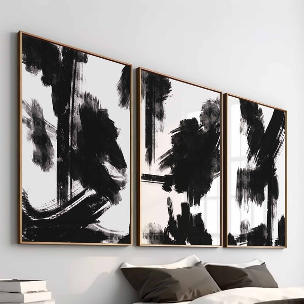 Ensemble de 3 oeuvres d'art murales modernes pour galerie minimalistes, impression d'art abstrait en noir et blanc, coups de pinceau, décoration de chambre à coucher contemporaine, imprimable