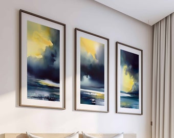 Navy Blue Wall Art Watercolor Landscape Prints Abstract Gallery Wall Art Set of 3 Scenery Prints Ocean Wall Art Cloud Art Digital Download