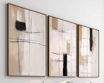 Modern Abstract Wall Art Set of 3 Prints, Neutral Prints Beige and Black Art, Minimal Wall Art, Bedroom Decor, Minimalist Japandi Wall Art