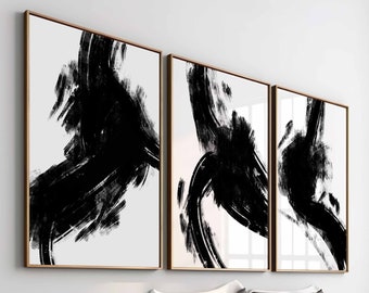 Bedroom Wall Art, Black and White Wall Art, 3 Piece Art Prints, Abstract Poster Set, Brush Strokes, Living Room Art, Set of 3 Prints Digital