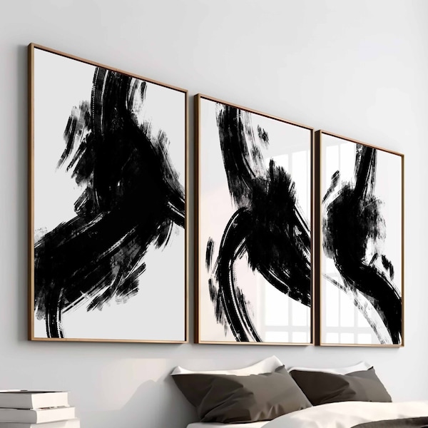 Bedroom Wall Art, Black and White Wall Art, 3 Piece Art Prints, Abstract Poster Set, Brush Strokes, Living Room Art, Set of 3 Prints Digital