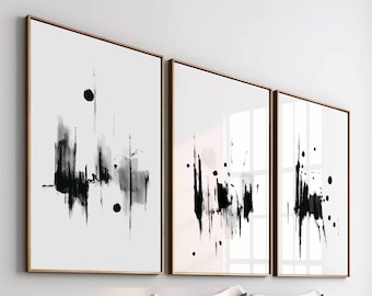 Modern Simple Minimal Abstract Set of 3 Black and White Prints Minimalist Brush Strokes Contemporary Decor Ink Painting, Digital Download