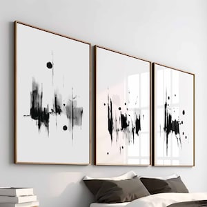 Modern Simple Minimal Abstract Set of 3 Black and White Prints Minimalist Brush Strokes Contemporary Decor Ink Painting, Digital Download