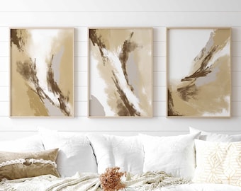 Beige Brown Abstract Gallery Wall Art Set de 3 impresiones nórdicas neutras simples Decoración de dormitorio / oficina Modern Minimalist Abstract Art Imprimible