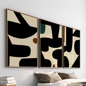 Juego de 3 piezas de arte abstracto para pared, galería de arte en beige y negro, arte de pared nórdico, formas geométricas, póster minimalista, arte abstracto moderno/simple