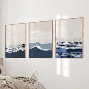 Modern Abstract Gallery Wall Art Set of 3 Blue Prints Coastal Wall Art Abstract Beach Art Bedroom Prints Living Room Art Beach House Decor
