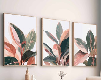 Conjunto de 3 impresiones imprimibles Monstera hojas decoración de apartamentos impresiones de vegetación brillante arte de pared botánica impresiones de granja impresiones de descarga digital