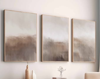 Juego de 3 cuadros de galería minimalistas y neutros modernos en beige y marrón, arte abstracto, decoración de estilo rústico, arte de pared para dormitorio, arte imprimible para sala de estar.