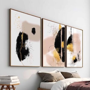 Black and Gold Wall Art, Blush Pink Wall Art, Extra Large Wall Art, 3 Piece Wall Art, Gold Abstract Art Prints, Digital Prints Download