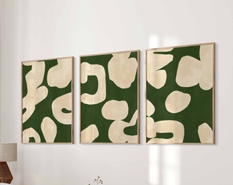 Juego de 3 impresiones de arte mural verde imprimible con formas abstractas, galería de pared minimalista, 3 piezas, impresiones verde oscuro, decoración para sala de estar.