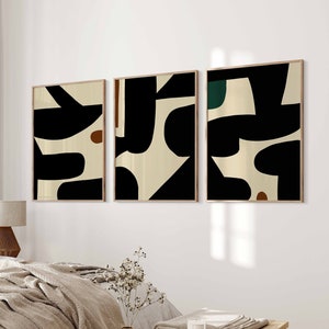 Modern Abstract Wall Art Set of 3 Black Beige Gallery Wall Art Nordic Wall Art Neutral Geometric Prints Minimalism Poster Shapes Wall Art