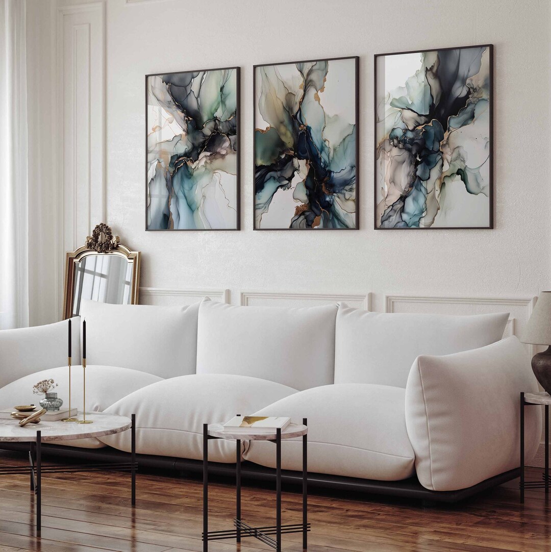 Eclectic Modern Gallery Wall Art Set of 3 Large Minimalist Blue and ...