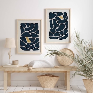 Modern Minimal Gallery Wall Art Set of 2 Abstract Art Navy Blue Prints, Abstract Organic Shapes Wall Art Minimalist Bathroom Decor image 4