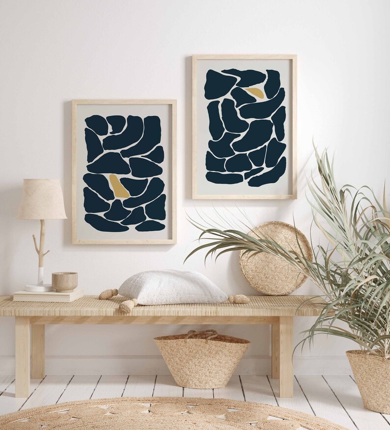 Modern Minimal Gallery Wall Art Set of 2 Abstract Art Navy Etsy
