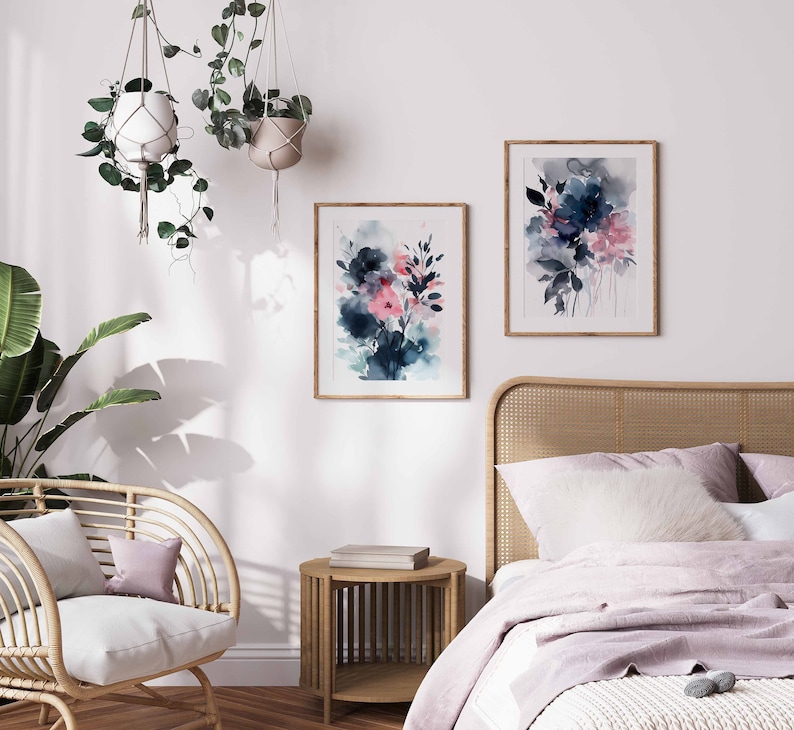 Navy Blue Blush Pink Modern Abstract Art Gallery Wall Art Set of 3 ...
