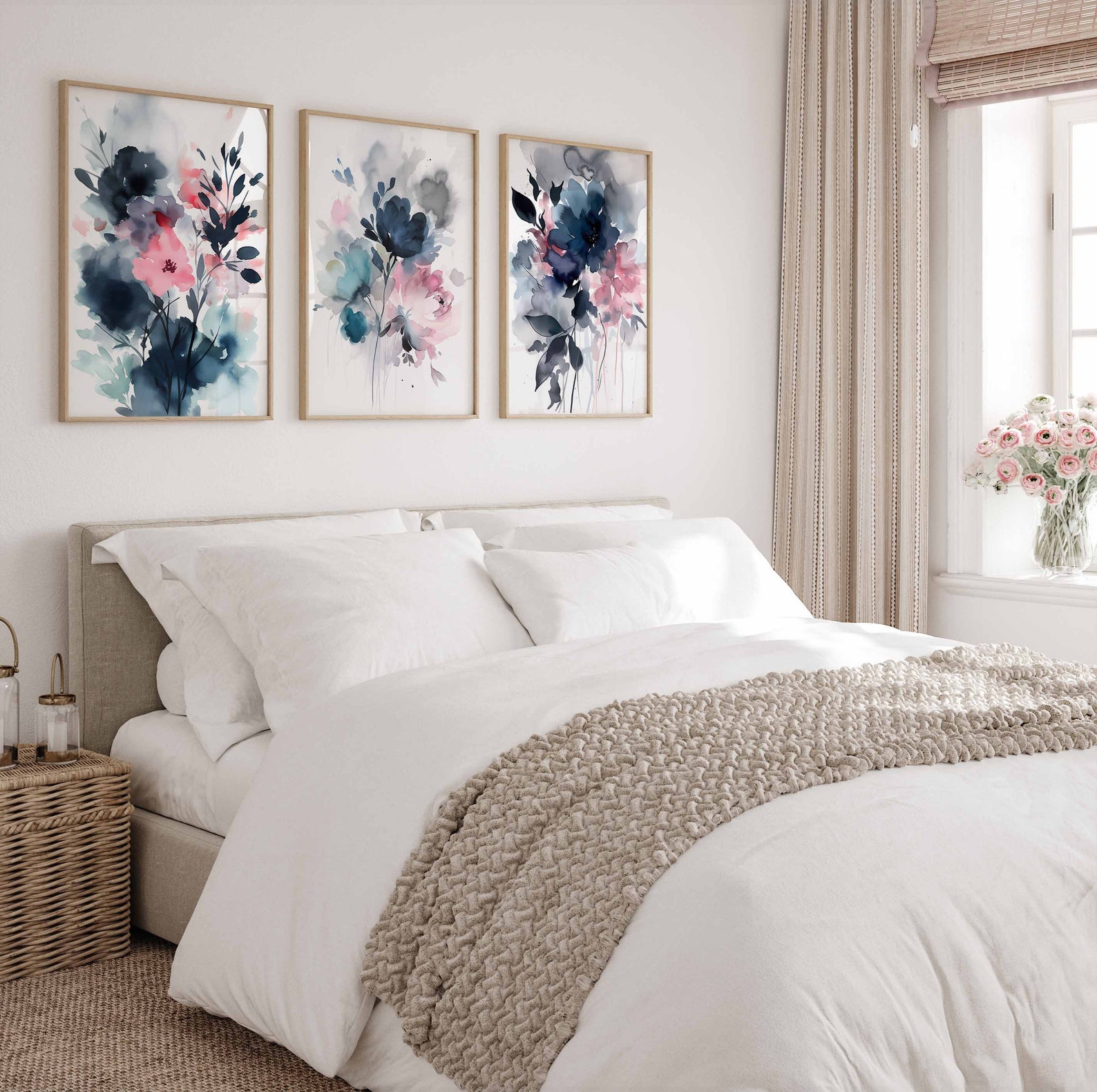 Navy Blue Blush Pink Modern Abstract Art Gallery Wall Art Set of 3 ...