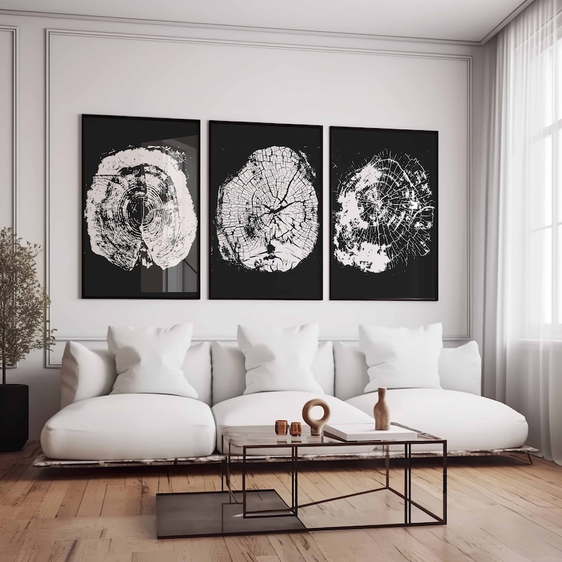 Black and White Tree Rings Printable Wall Art Set of 3 Abstract Prints ...