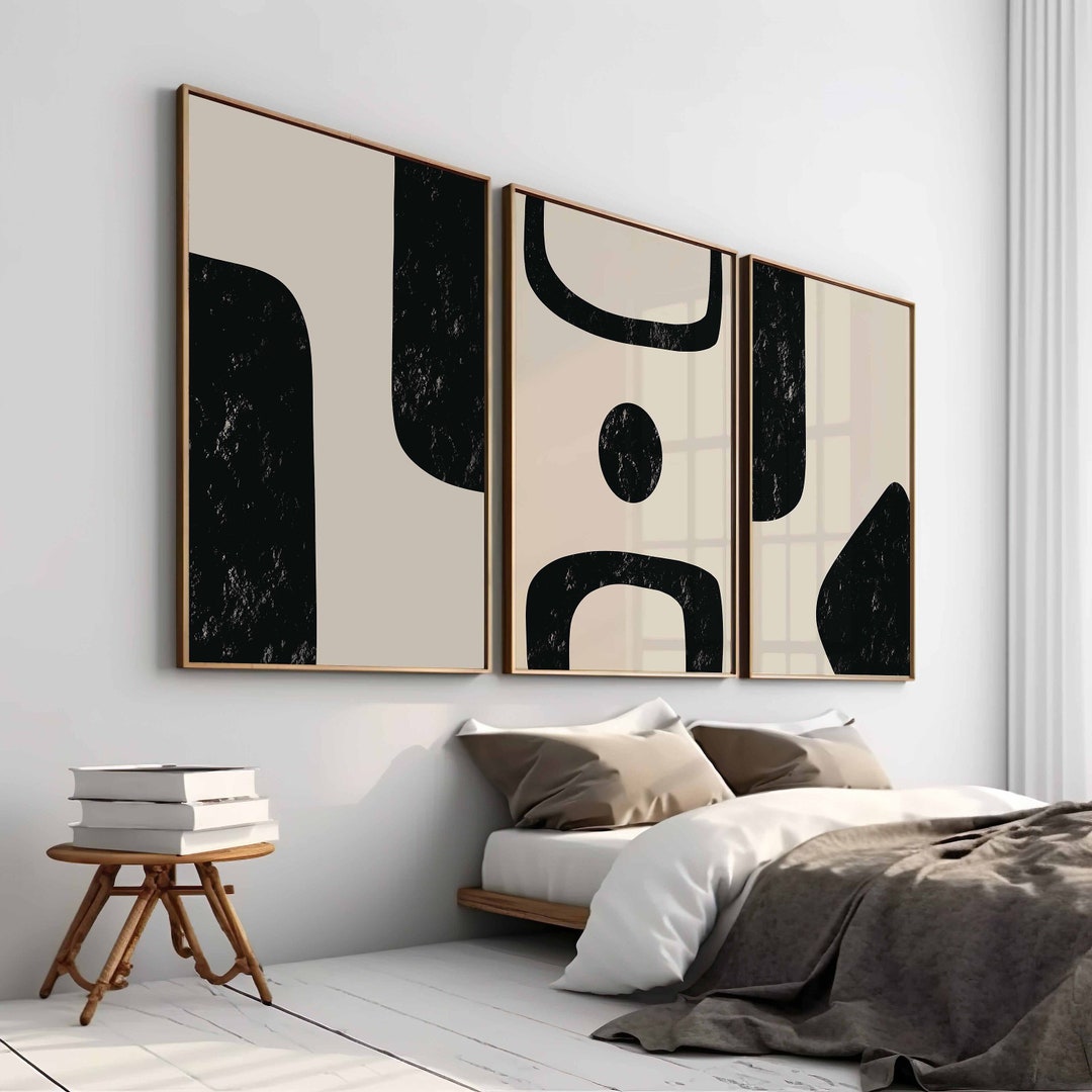 Printable Mid Century Modern Abstract Black Beige Wall Art Set of 3 ...