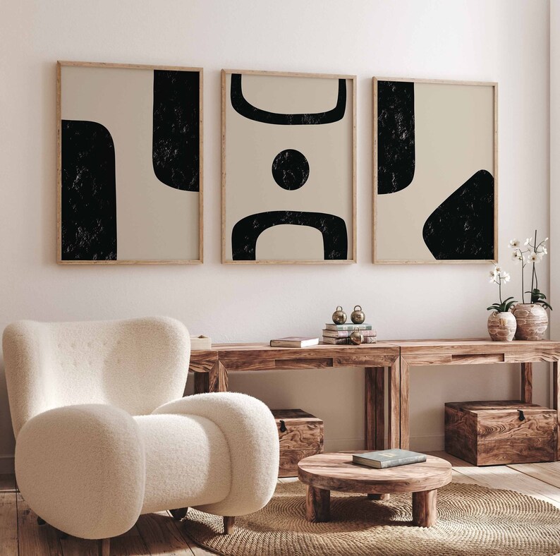 Printable Mid Century Modern Abstract Black Beige Wall Art Set of 3 ...