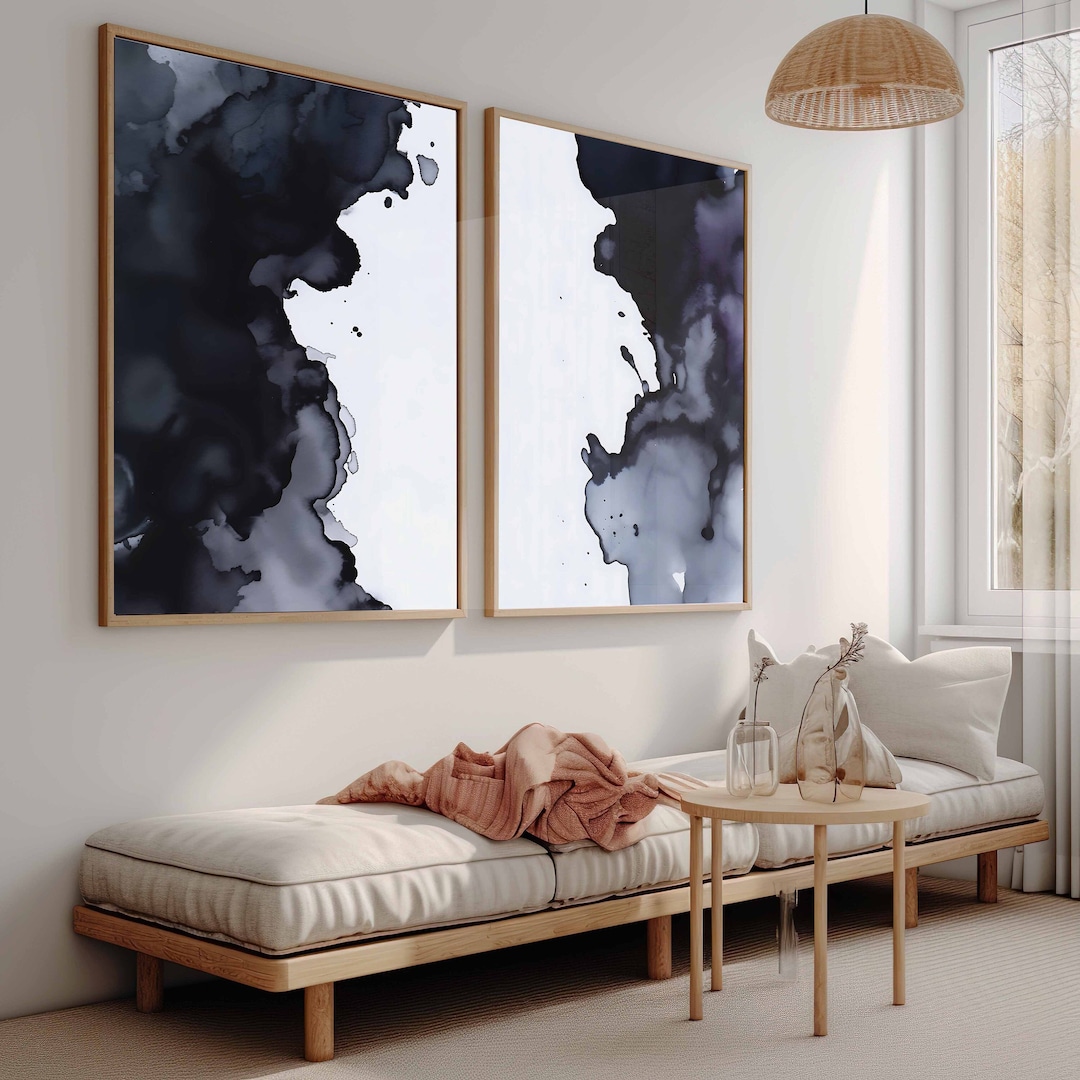 Navy Blue Wall Art Abstract Printable Prints Set of 2 Modern Abstract ...