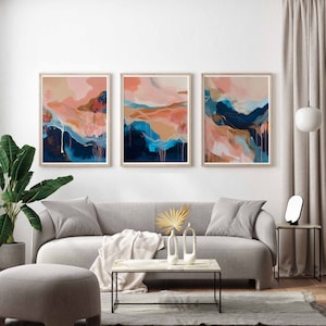 Moderne abstrakte Ozean-Drucke, Wandkunst-Set mit 3 bunten Drucken, moderne Kunst-Poster, Acryl-Wandkunst, Strandhaus-Dekor, Drucke, marineblaues Dekor