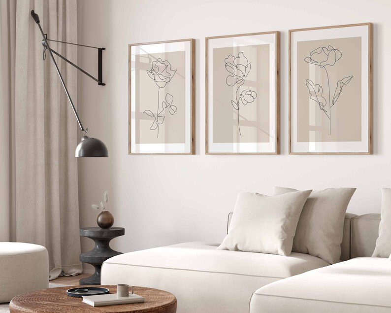 Flower Line Art Prints Set of 3 Botanical Wall Art Flower Bouquet Wall ...