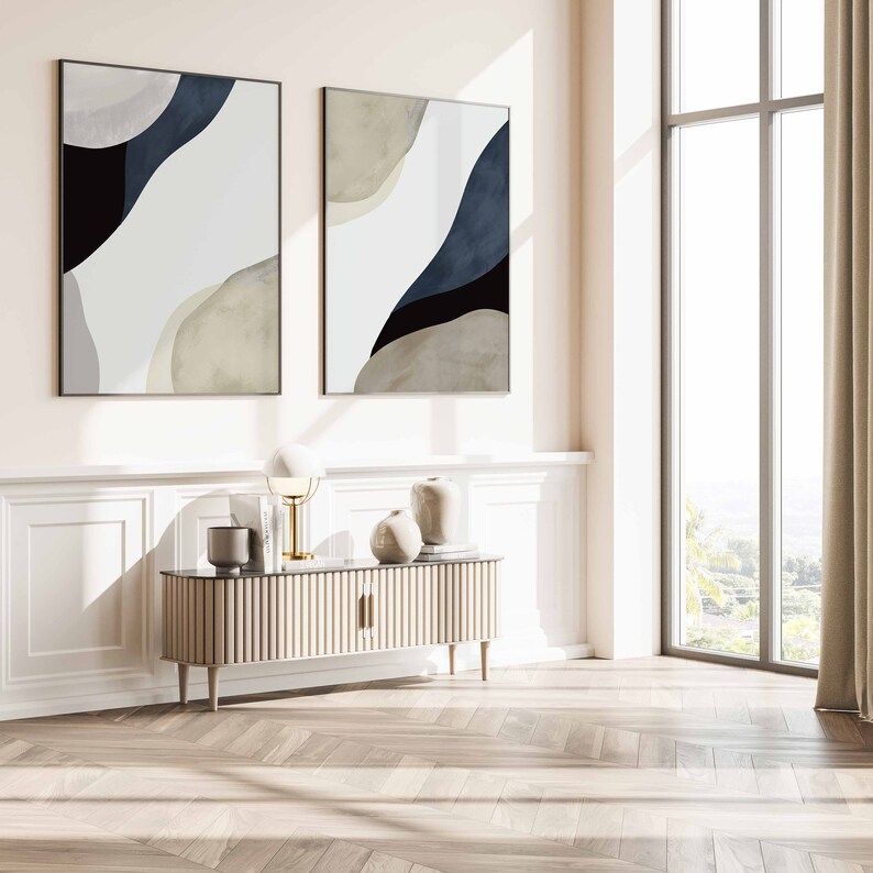 Navy Blue Minimalist Wall Art Set of 2 Living Room Print Etsy