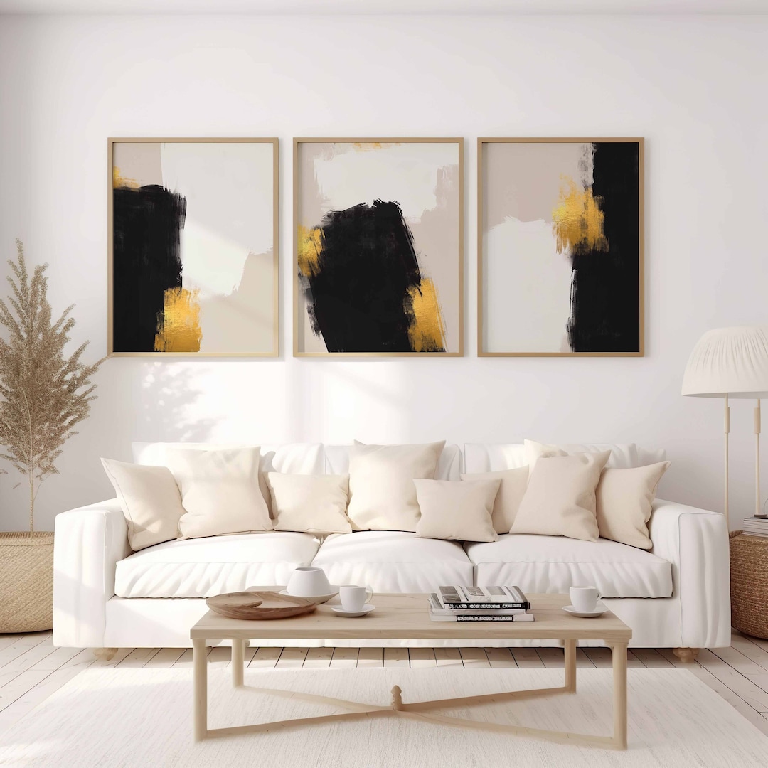 Modern Neutral Gallery Wall Art Set of 3 Abstract Art Black Gold Prints ...