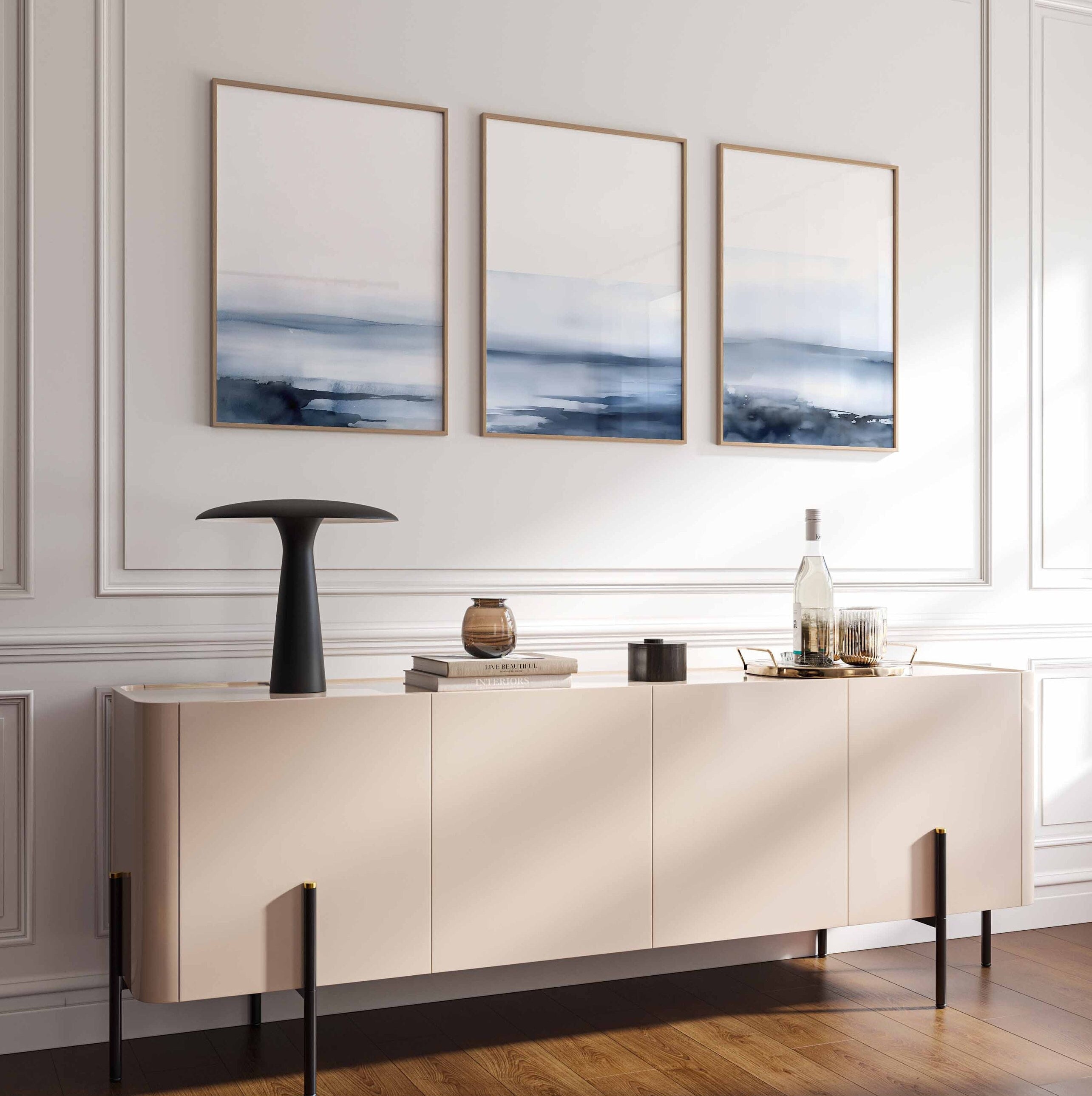 Abstract Minimalist Wall Art Set of 3 Blue and White Coastal Wall Art ...