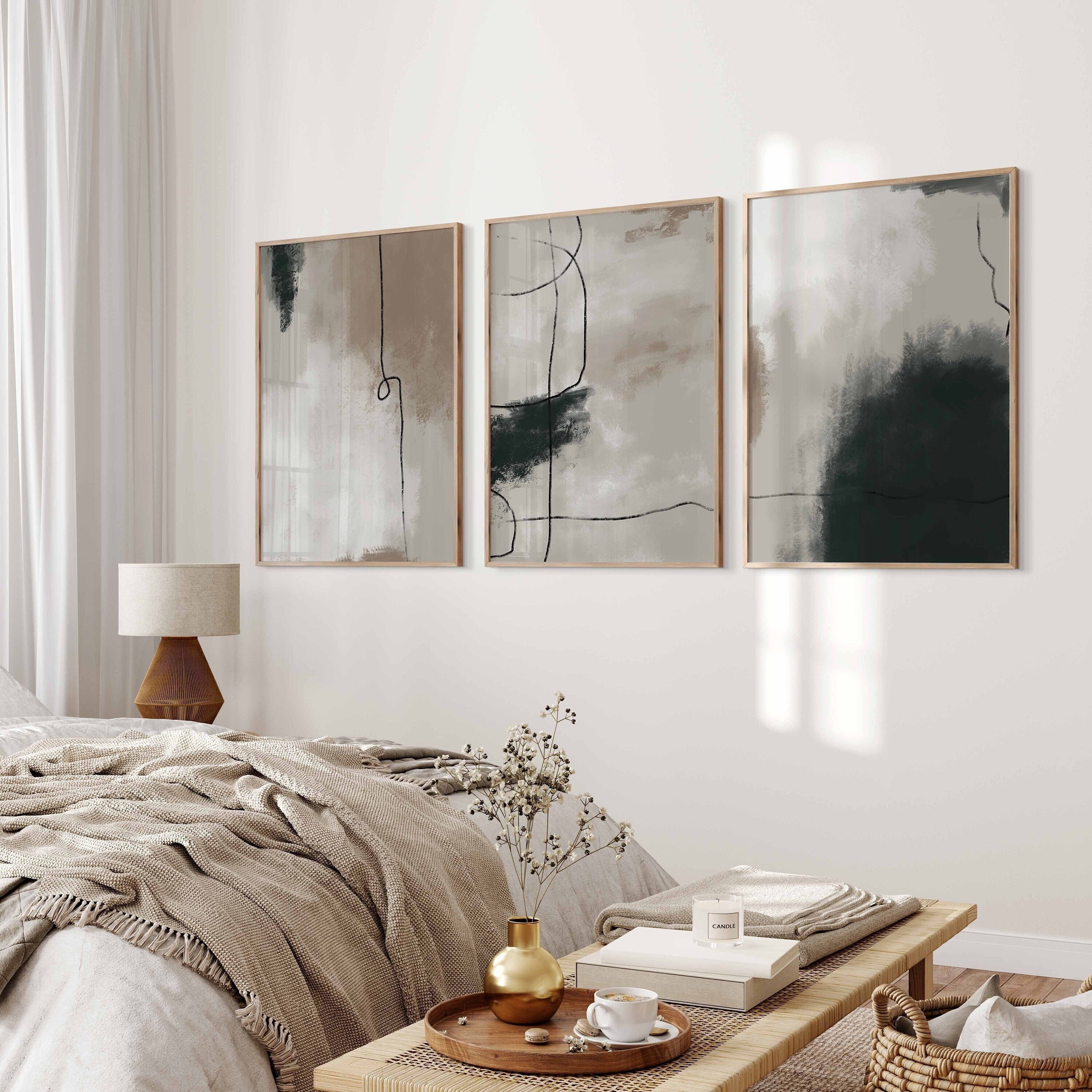 Modern Neutral Abstract Gallery Wall Art Set of 3 Black Beige Neutral ...