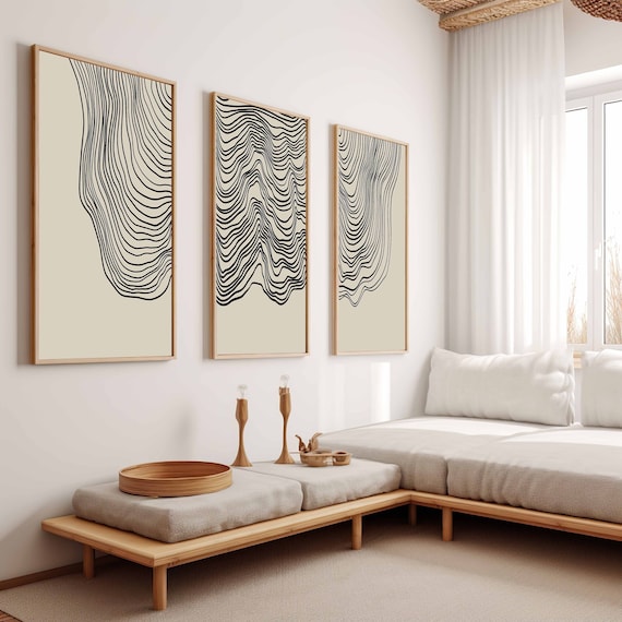 Set of 3 Prints Modern Wall Decor Print Abstract Art, Digital Download Abstract Line Art, Black and Beige Minimalist Decor Tree Rings Poster
