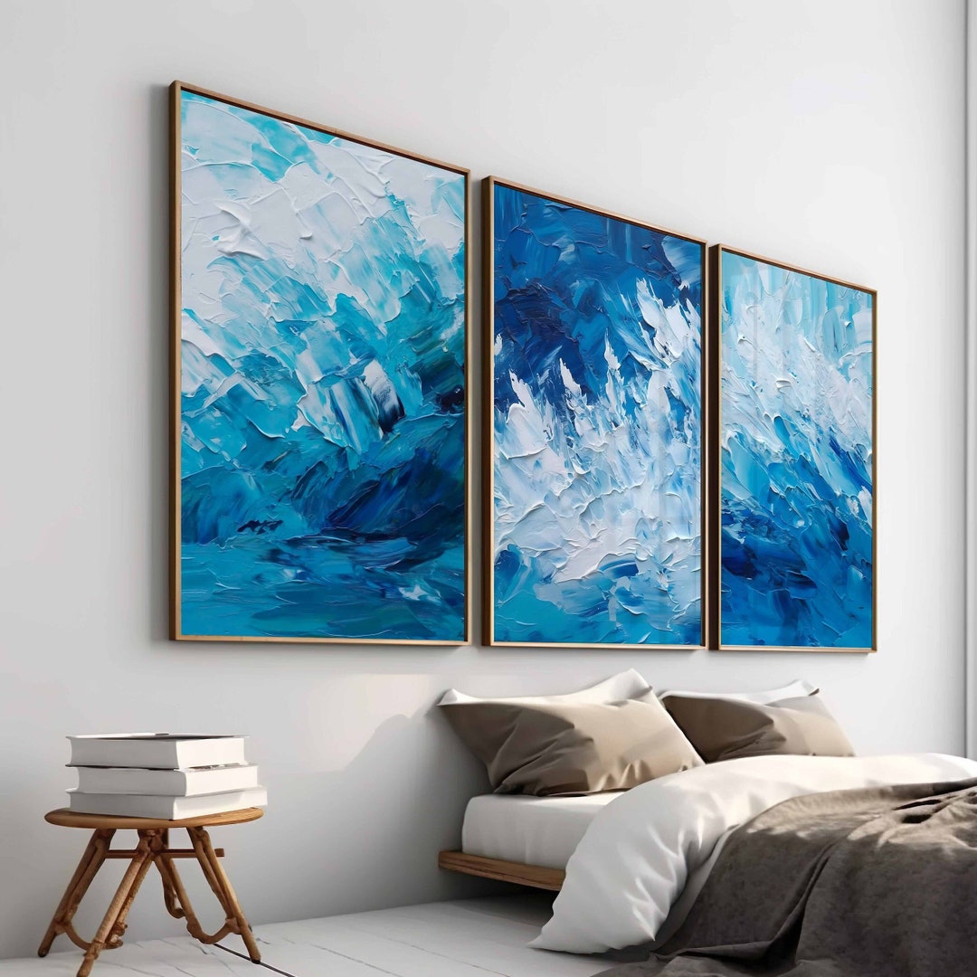 Navy Blue Wall Art Abstract Ocean Waves Wall Art Set of 3 Blue Coastal ...