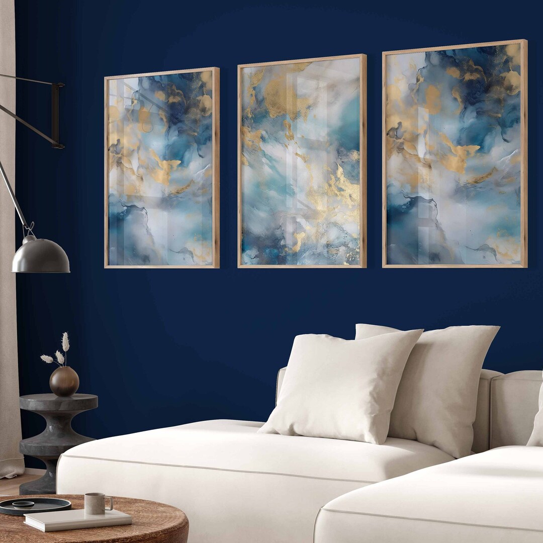 Navy Blue Gold Abstract Printable Wall Art Set of 3 Modern Prints ...